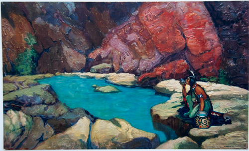 Indian by River Drinking from a Bowl by J. Cliff Hutchins